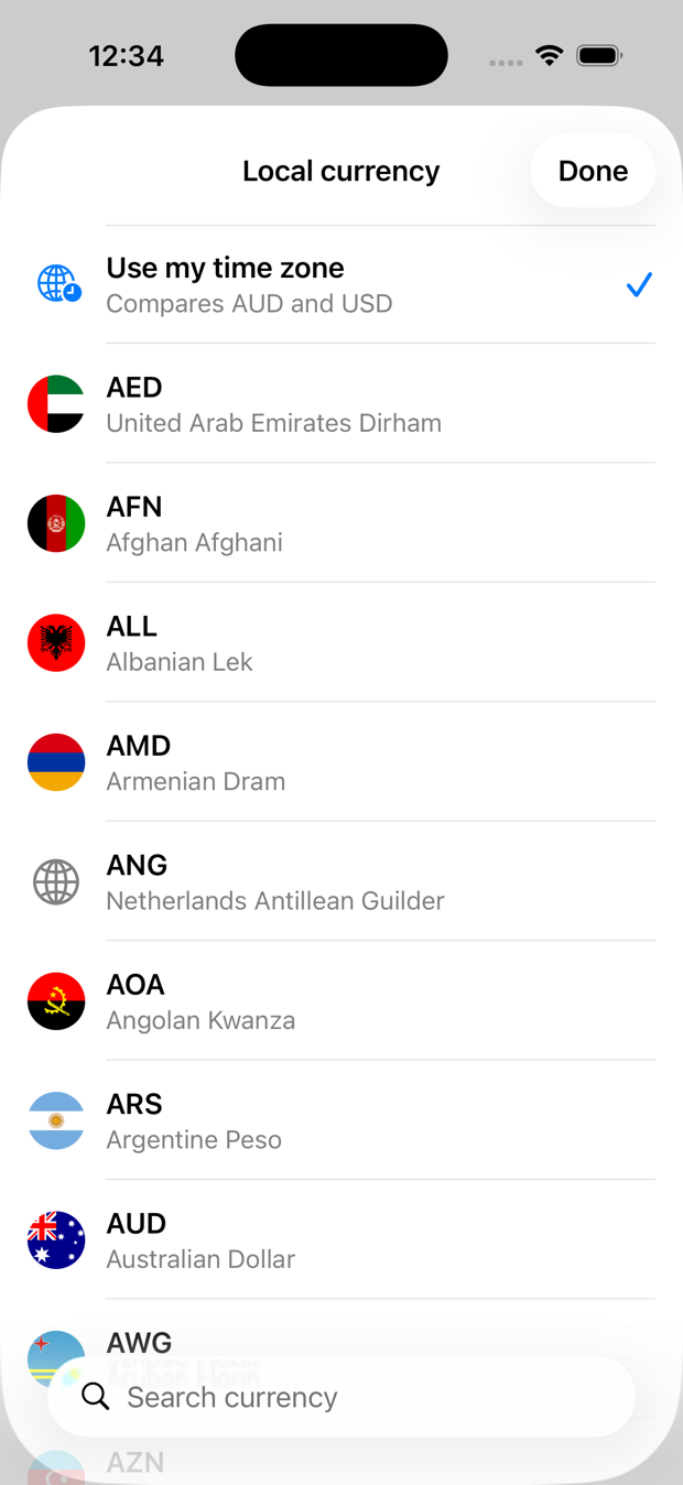 The Local currency picker with a Use my time zone option at the top