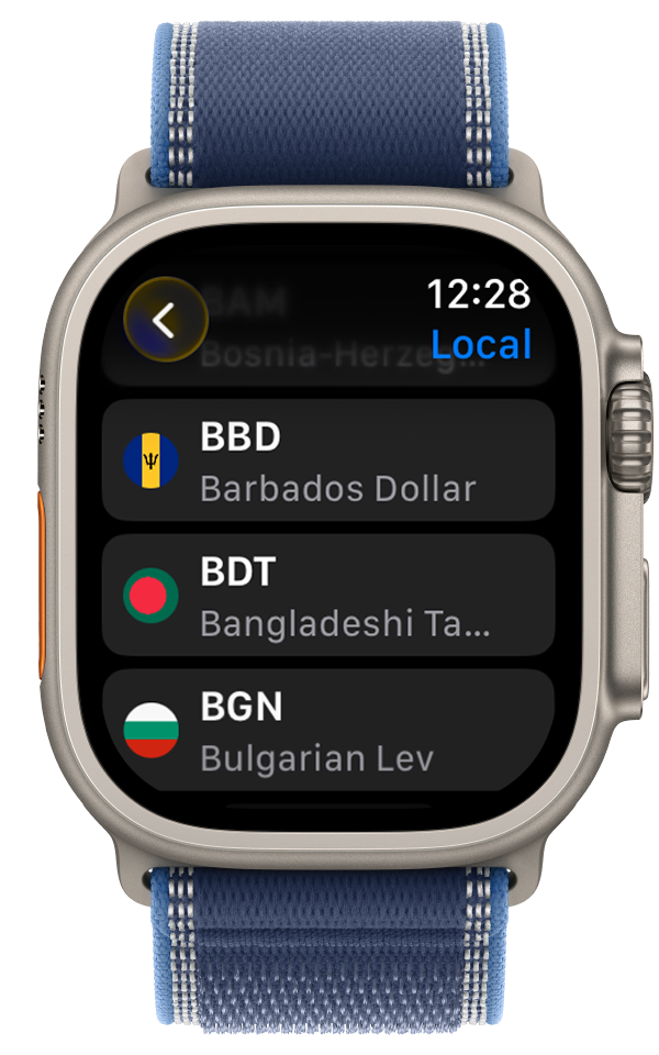 The currency picker on Apple Watch